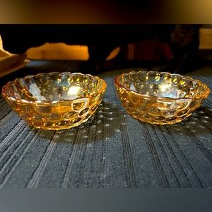 Pair Vintage Anchor Hocking Bubble Optic Amber Iridescent Dessert Candy dishes 2